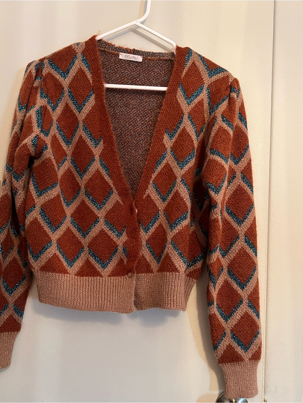 Motel Rocks Rust, Teal & Cream Geo V-Neck Cardigan and matching pullover
